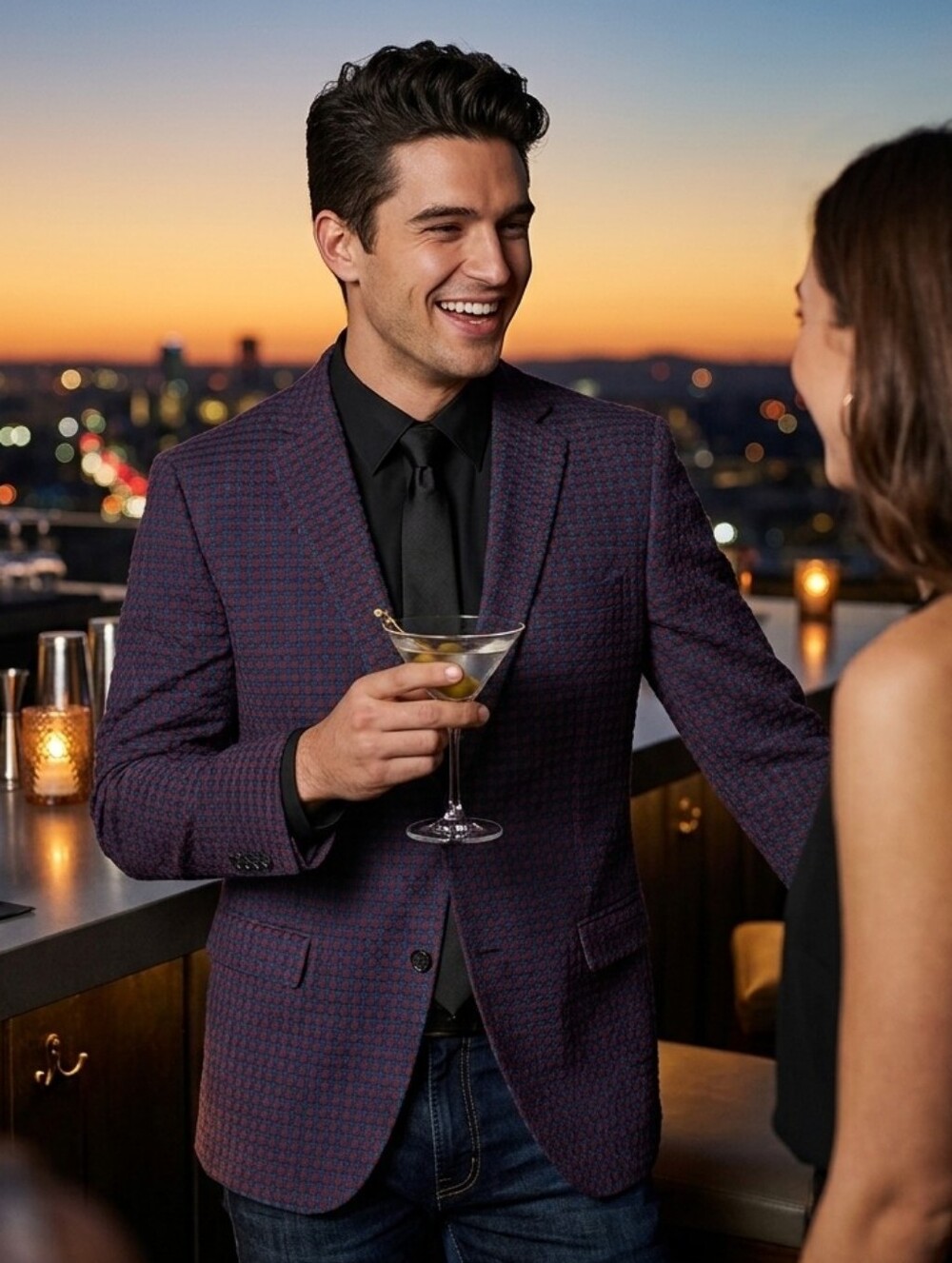MONDO Exclusive Burgundy and Blue Textured Sportcoat - Modern Notch Lapel Blazer